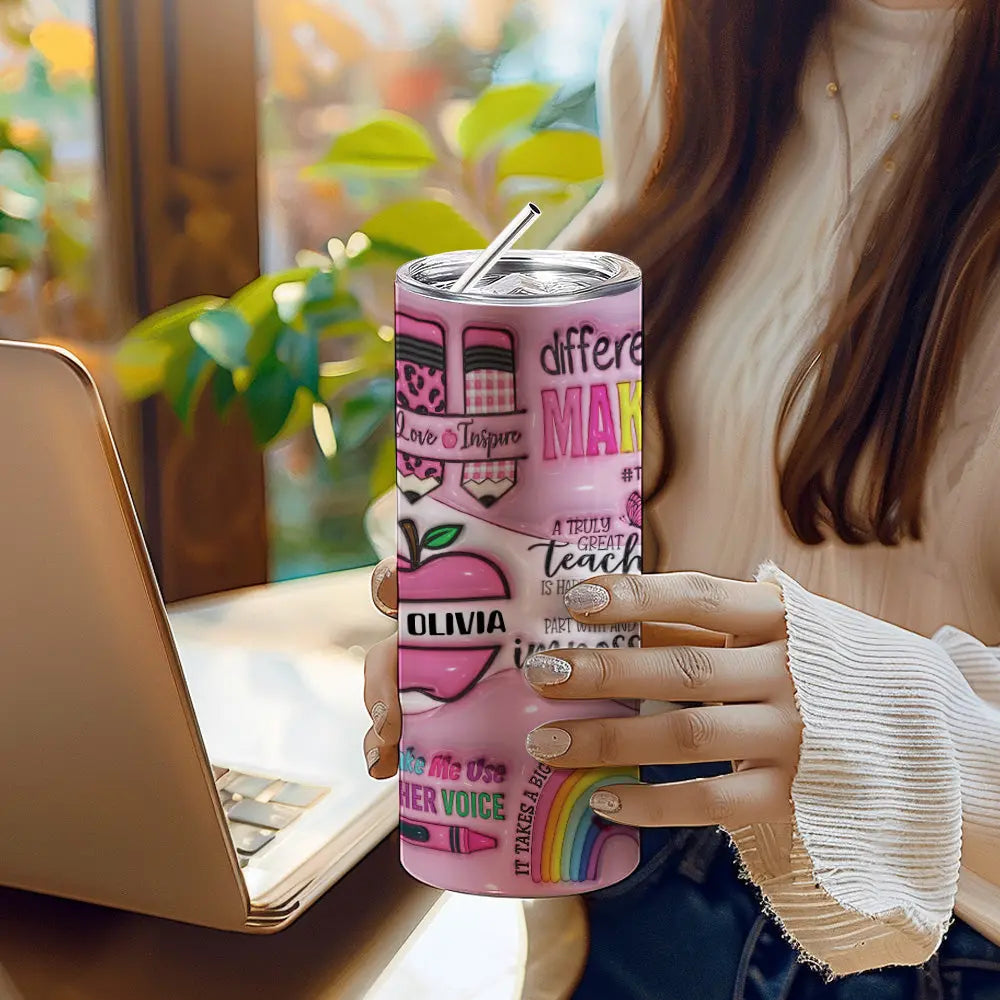 Gepersonaliseerde 600ml Apple Pencil Beker met Rietje – Schoolcadeau voor Leraren