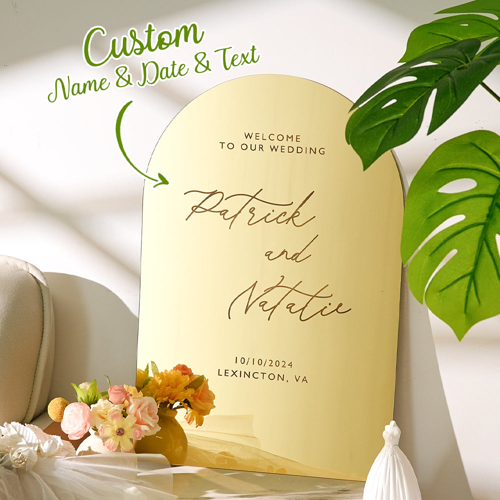 Gepersonaliseerd Gouden Spiegel Welkomstbord – Boogvormig Huwelijksbord, Uniek Cadeau voor Bruiloft