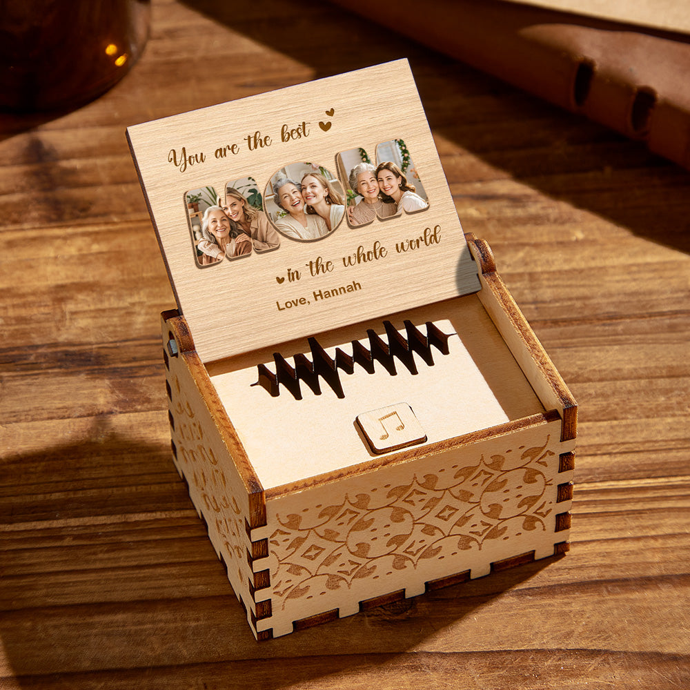 Houten Muziekdoos met Foto – Gepersonaliseerd Cadeau voor Mama