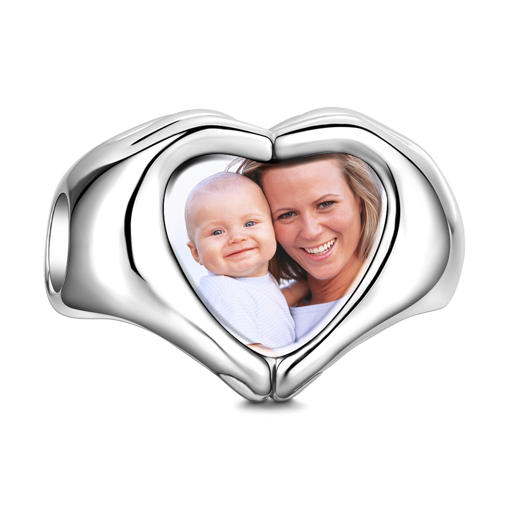 Gepersonaliseerde Finger Heart Foto Bedel – S925 Zilver, Uniek Liefdescadeau