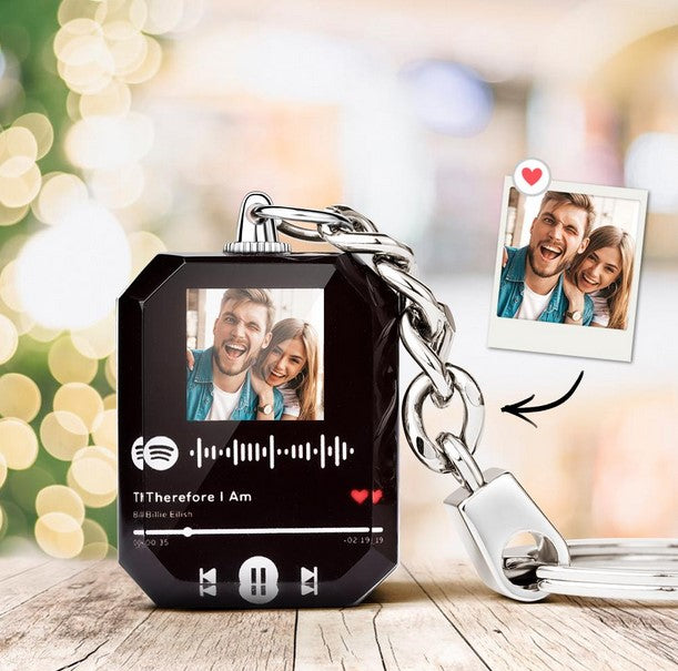 Kristallen Sleutelhanger met Foto en Scanbare Muziekcode – Gepersonaliseerd Cadeau