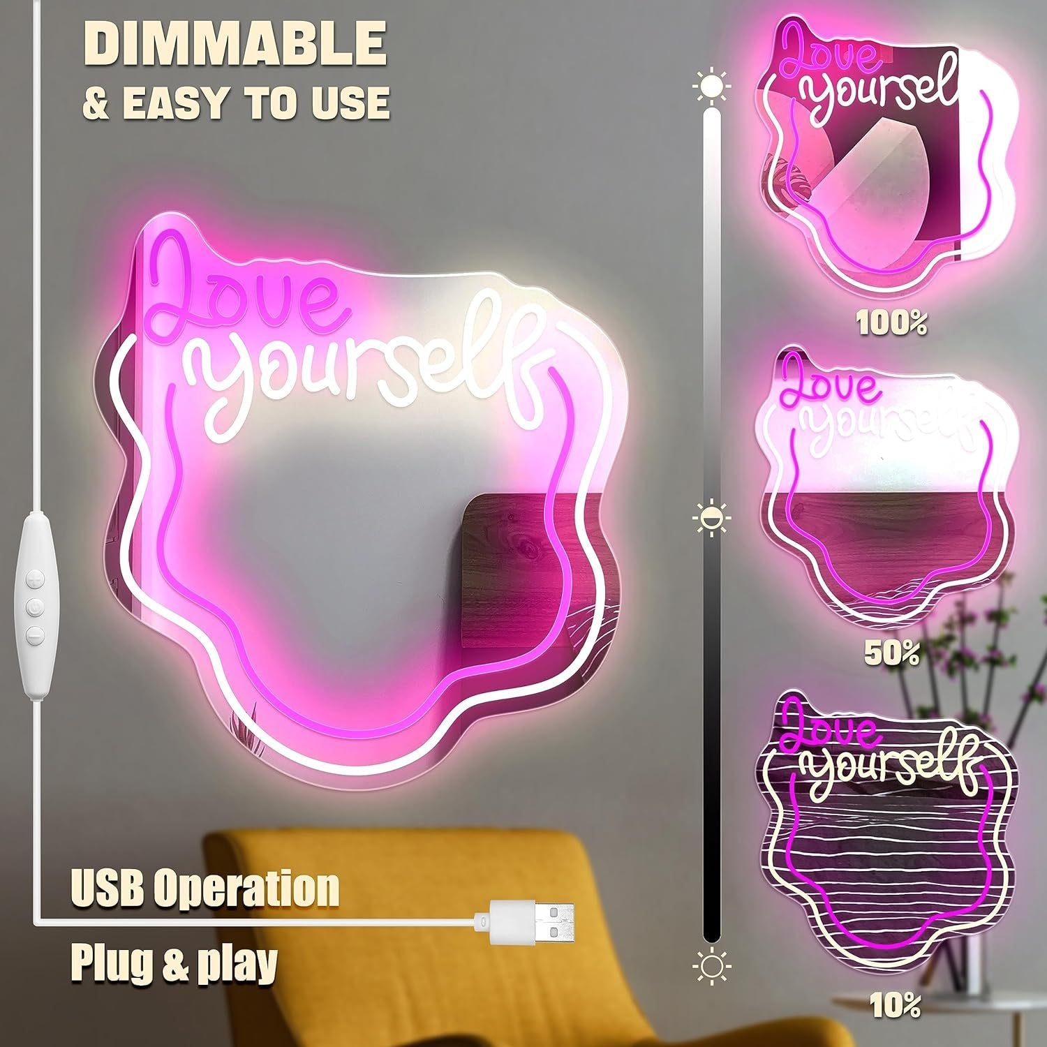 Love Yourself Spiegel met Verlichting – Golvende Neon LED Wandspiegel, Dimbaar Licht & Perfect Cadeau voor Haar