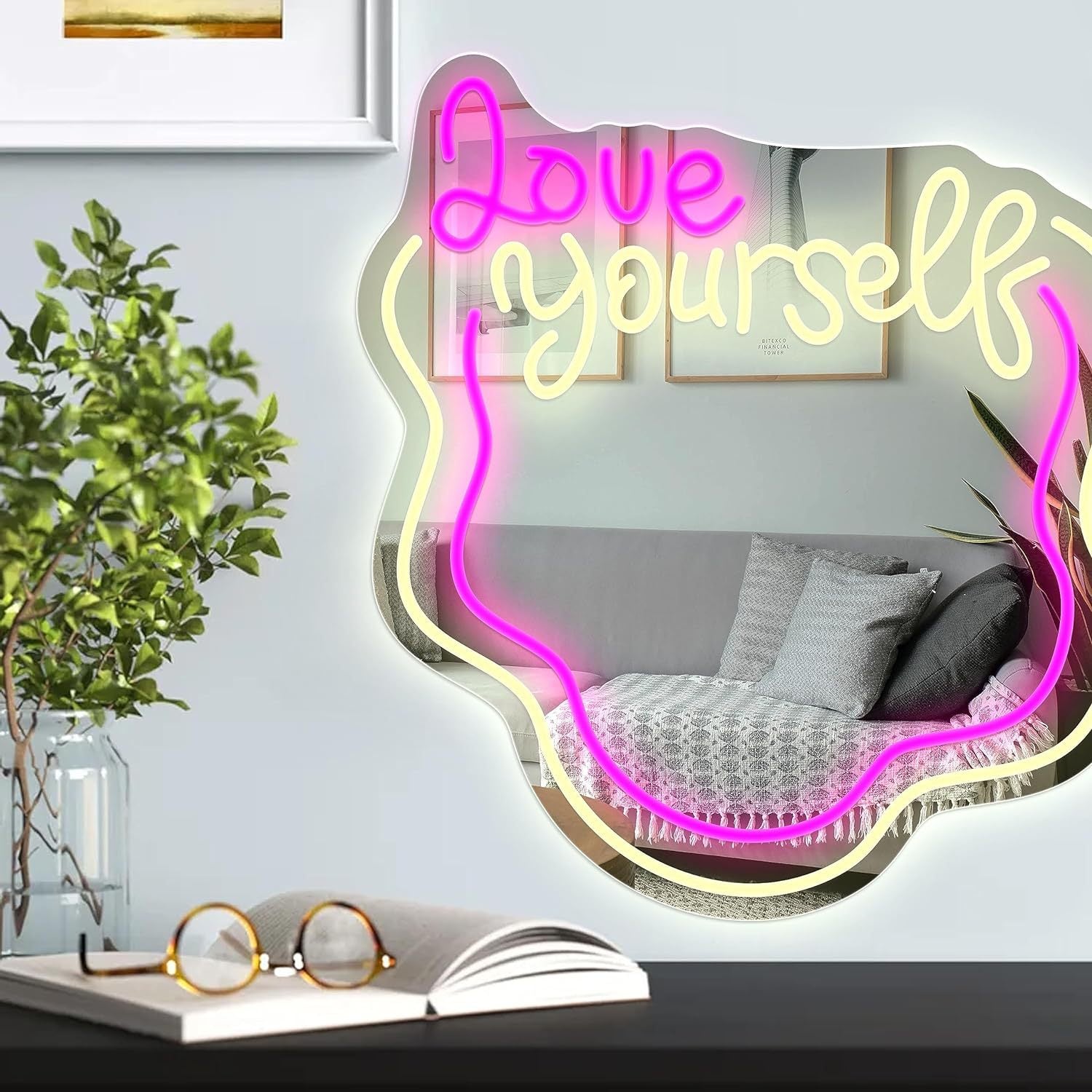 Love Yourself Spiegel met Verlichting – Golvende Neon LED Wandspiegel, Dimbaar Licht & Perfect Cadeau voor Haar