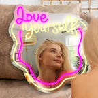 Love Yourself Spiegel met Verlichting – Golvende Neon LED Wandspiegel, Dimbaar Licht & Perfect Cadeau voor Haar