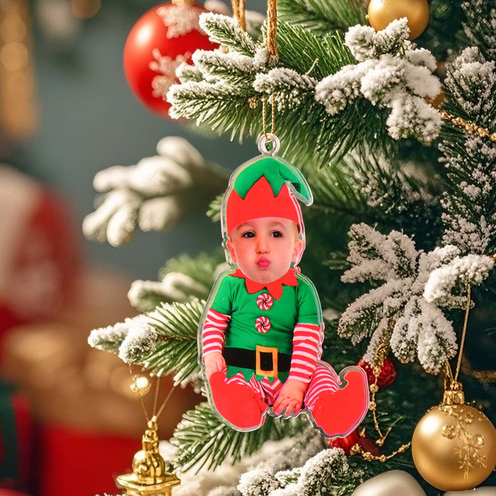 Gepersonaliseerd Baby Elf Kerstornament – Eerste Kerst Foto Cadeau voor Kinderen