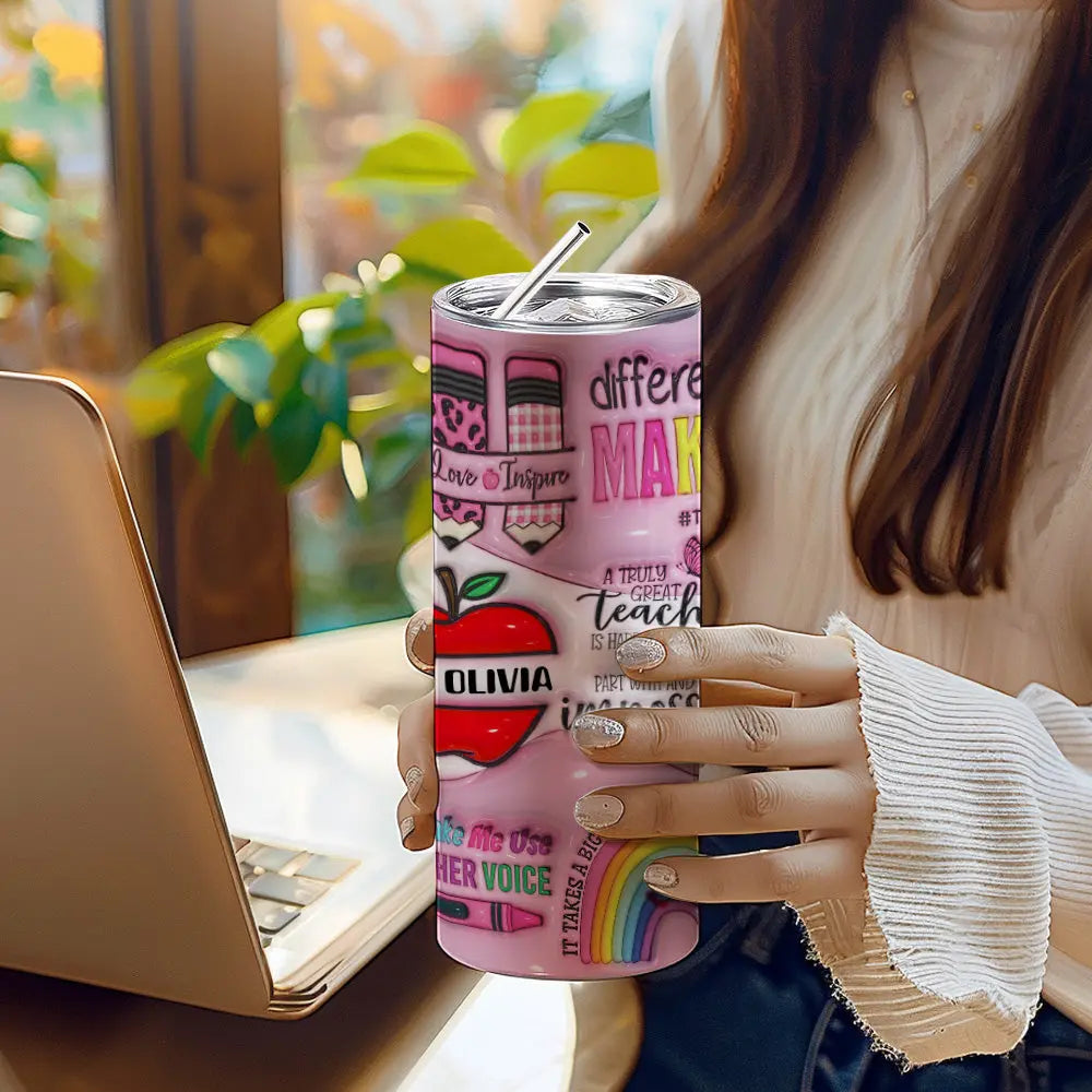 Gepersonaliseerde 600ml Apple Pencil Beker met Rietje – Schoolcadeau voor Leraren