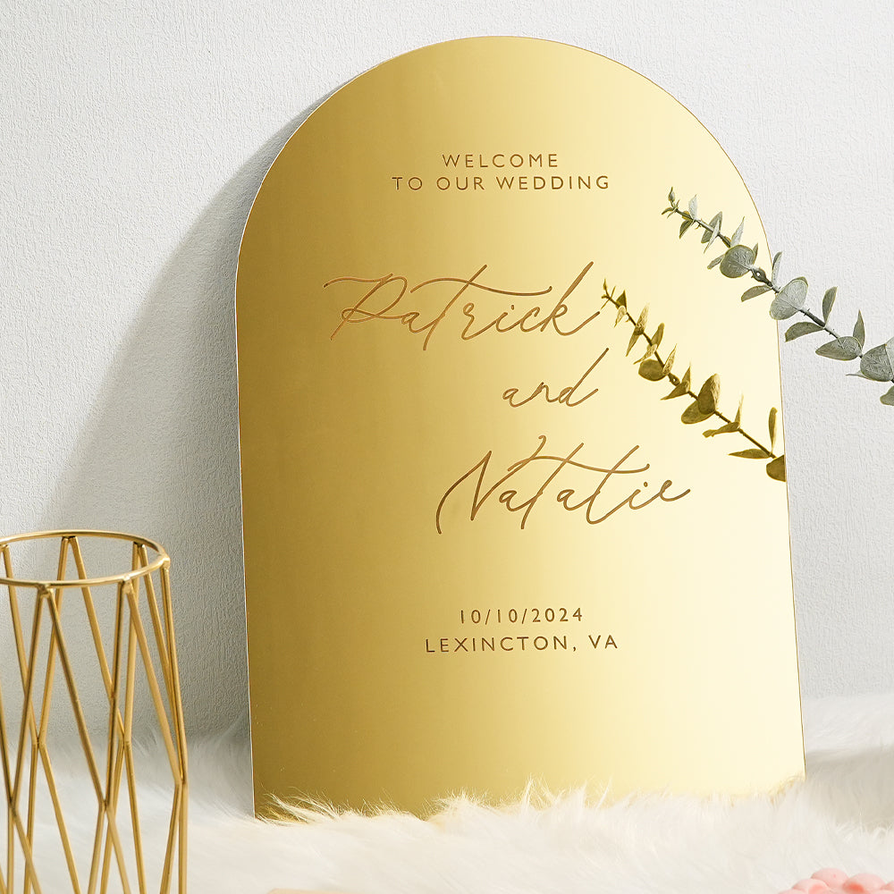 Gepersonaliseerd Gouden Spiegel Welkomstbord – Boogvormig Huwelijksbord, Uniek Cadeau voor Bruiloft