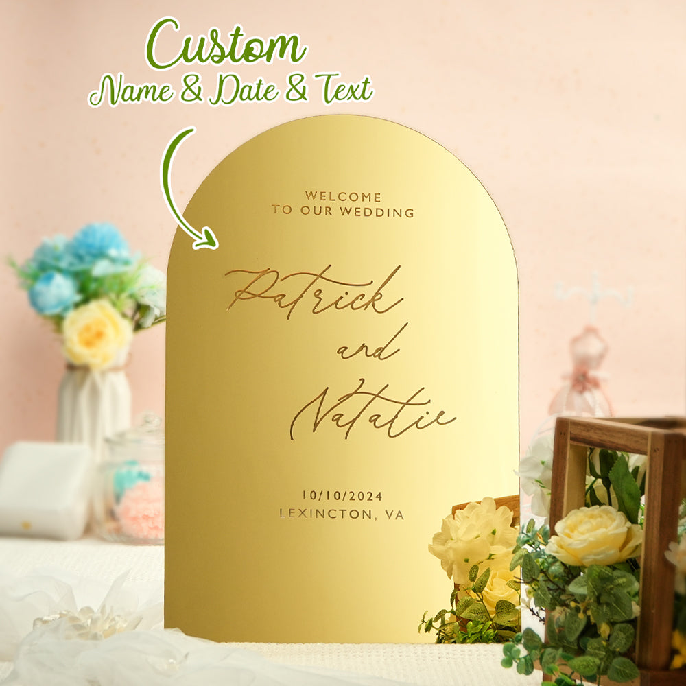 Gepersonaliseerd Gouden Spiegel Welkomstbord – Boogvormig Huwelijksbord, Uniek Cadeau voor Bruiloft
