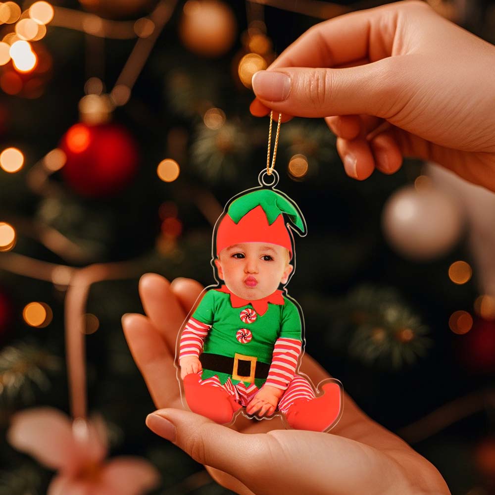 Gepersonaliseerd Baby Elf Kerstornament – Eerste Kerst Foto Cadeau voor Kinderen