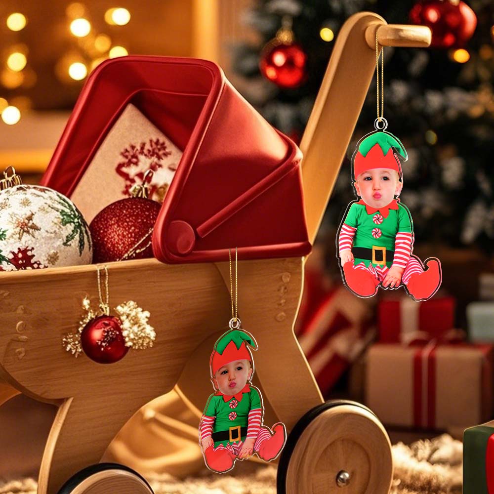 Gepersonaliseerd Baby Elf Kerstornament – Eerste Kerst Foto Cadeau voor Kinderen